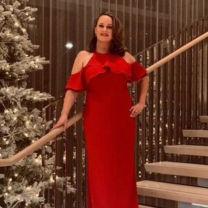 Badgley Mischka Crossover Ruffle Gown Maxi in Red Crepe Size 22